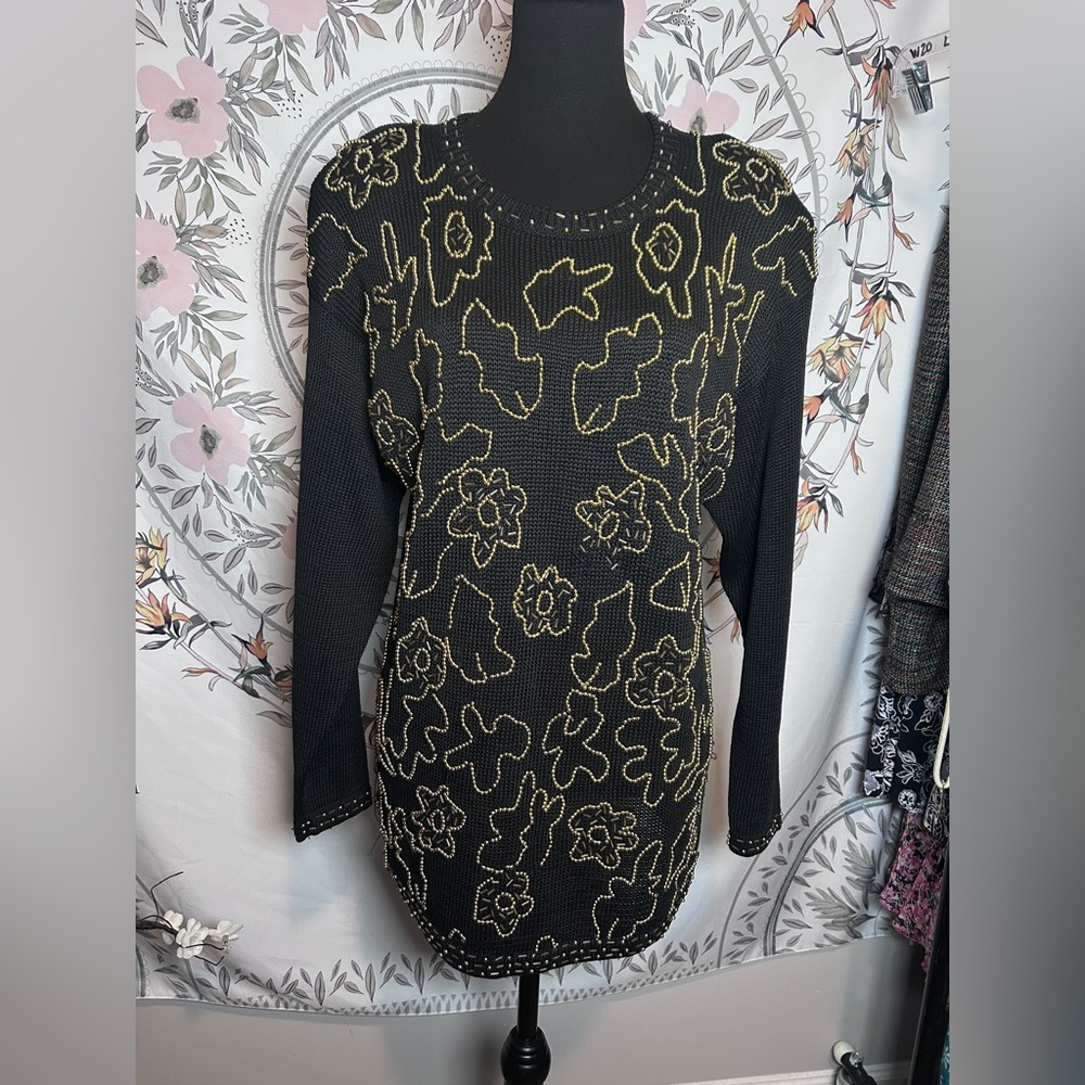 Vintage 90s Beaded Sweater Dress Black Gold Floral Embellished Tunic Medium